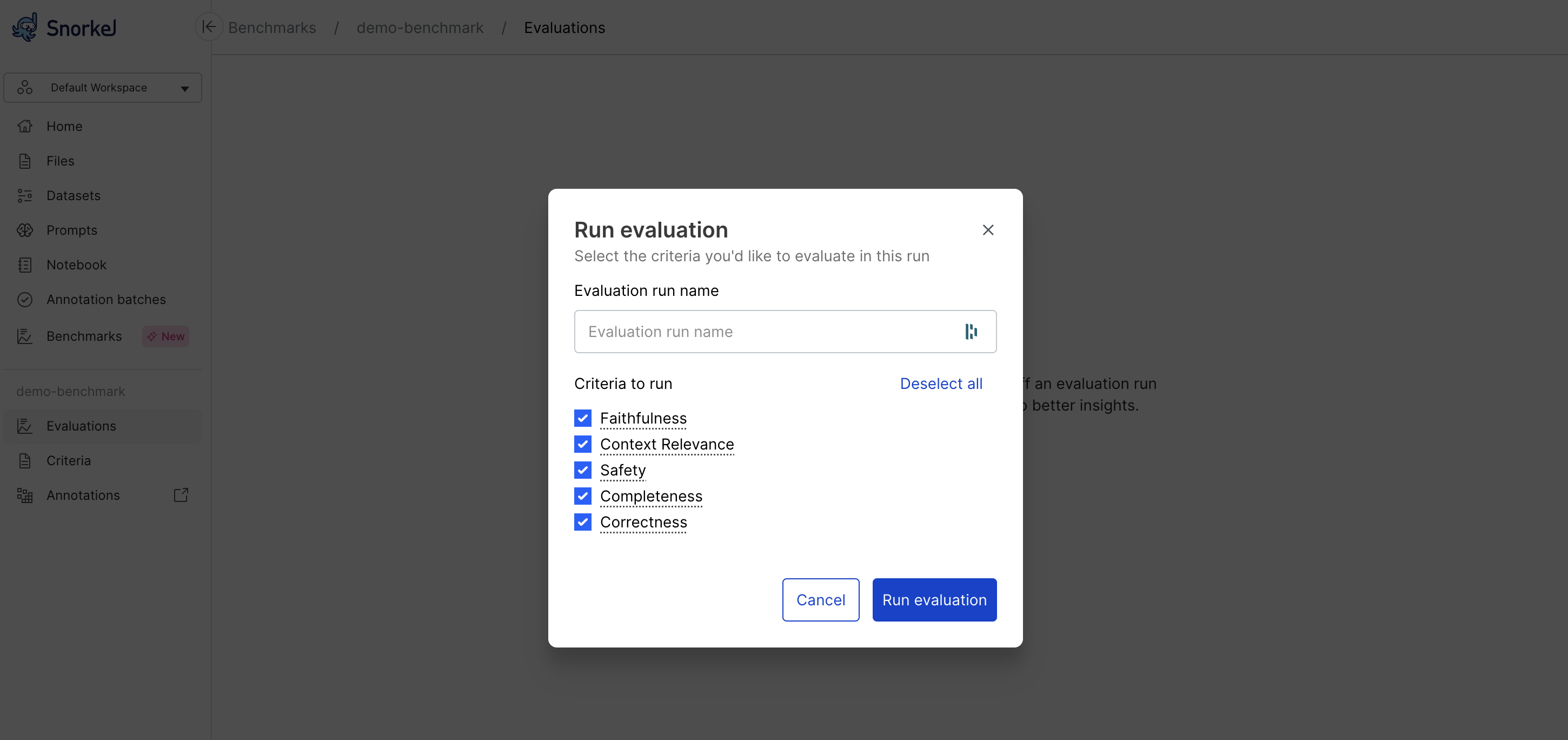 Select criteria for benchmark run