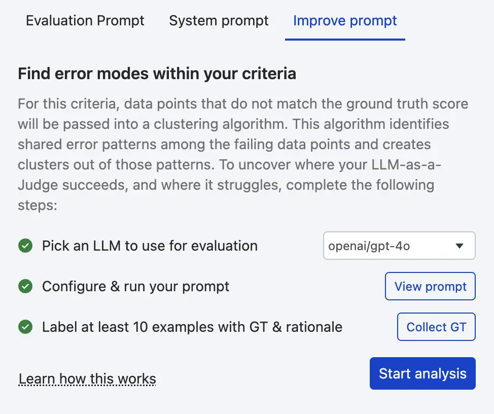 Improve Prompt tab with Run Error Analysis button
