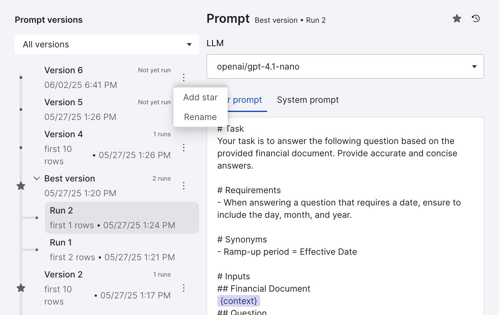 Favorite and Rename Prompt Versions